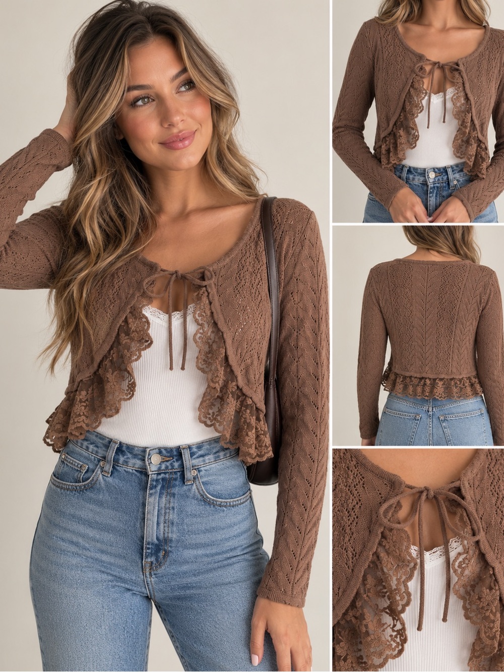 NWT Willow & Wind Brown Pointelle Lace Trim Tie Front Cardigan Women’s S